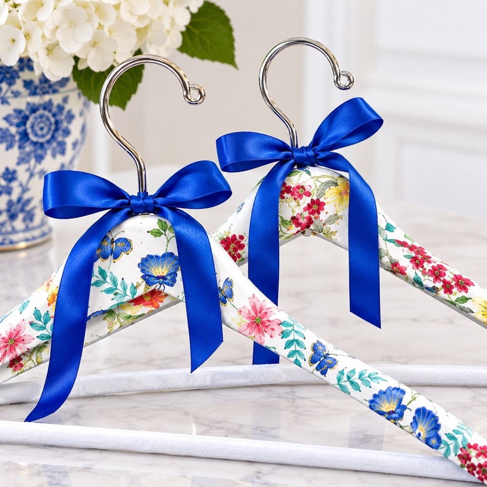 Floral White Wood Hangers Blue Satin Ribbon Set of 2 Boutique Style Display